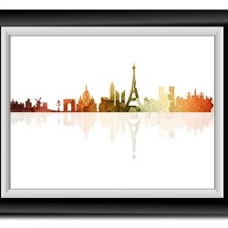 INSTANT DOWNLOAD Paris Skyline France City Green Orange Red Beige Watercolor Cityscape Poster Print Modern Abstract Landscape Art Painting