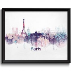 INSTANT DOWNLOAD Paris Skyline France Europe Cityscape Art Print Poster Black White Grey Watercolor Painting