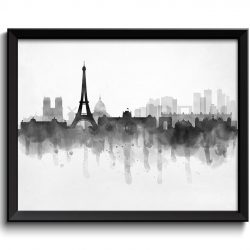 INSTANT DOWNLOAD Paris Skyline France Europe Cityscape Art Print Poster Black White Grey Watercolor Painting