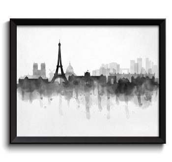 INSTANT DOWNLOAD Paris Skyline France Europe Cityscape Art Print Poster Black White Grey Watercolor Painting