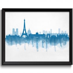 INSTANT DOWNLOAD Paris Skyline France Europe Cityscape Art Print Poster Turquoise Blue Watercolor Painting