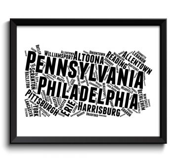 INSTANT DOWNLOAD Pennsylvania Map Text Word Cloud Black White Grey Poster Print USA United States Modern Abstract Print Landscape Wall Art