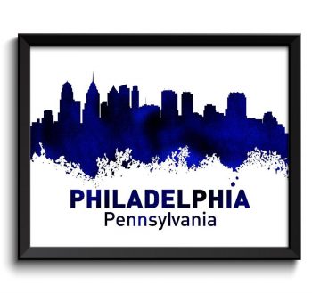 INSTANT DOWNLOAD Philadelphia Skyline Pennsylvania City Black Navy Blue Watercolor Cityscape Poster Print Abstract Landscape Art Painting