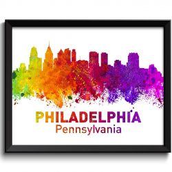 INSTANT DOWNLOAD Philadelphia Skyline Pennsylvania City Colorful Watercolor Cityscape Poster Print Landscape Art Painting Purple Pink Yellow