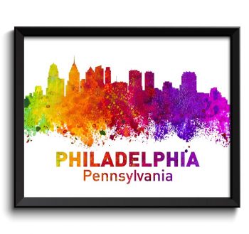 INSTANT DOWNLOAD Philadelphia Skyline Pennsylvania City Colorful Watercolor Cityscape Poster Print Landscape Art Painting Purple Pink Yellow