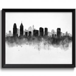 INSTANT DOWNLOAD Philadelphia Skyline Pennsylvania USA United States Cityscape Art Print Poster Black White Grey Watercolor Painting