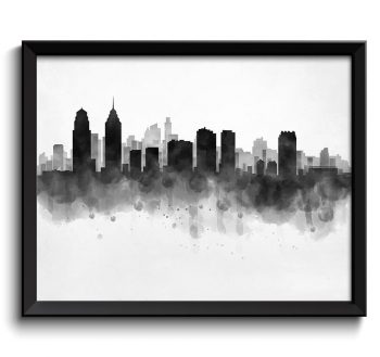 INSTANT DOWNLOAD Philadelphia Skyline Pennsylvania USA United States Cityscape Art Print Poster Black White Grey Watercolor Painting