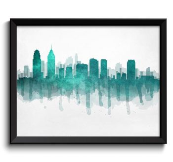 INSTANT DOWNLOAD Philadelphia Teal Green Grey Skyline Pennsylvania USA United States Cityscape Art Print Poster Watercolor Painting