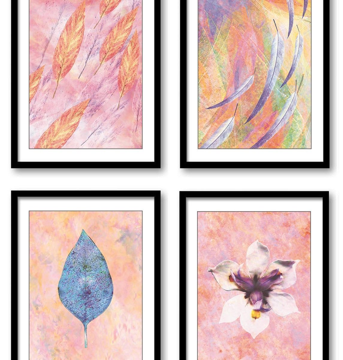 INSTANT DOWNLOAD Pink Coral Flowers Leaf Leaves Bathroom Art Print Colorful Set of 4 Elegant Watercolor Painting Wall Decor Bedroom