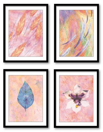 INSTANT DOWNLOAD Pink Coral Flowers Leaf Leaves Bathroom Art Print Colorful Set of 4 Elegant Watercolor Painting Wall Decor Bedroom