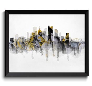 INSTANT DOWNLOAD Pittsburgh Black Yellow Grey Gold Skyline Pennsylvania USA United States Cityscape Art Print Poster Watercolor Painting