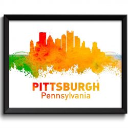 INSTANT DOWNLOAD Pittsburgh Skyline Pennsylvania Blue Yellow Orange Red Watercolor Cityscape Poster Print Abstract Landscape Art Painting