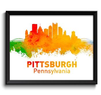 INSTANT DOWNLOAD Pittsburgh Skyline Pennsylvania Blue Yellow Orange Red Watercolor Cityscape Poster Print Abstract Landscape Art Painting