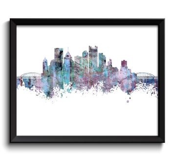 INSTANT DOWNLOAD Pittsburgh Skyline Pennsylvania City Blue Purple Grey Watercolor Cityscape Poster Print Abstract Landscape Art Painting