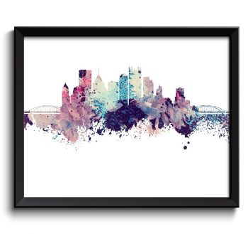 INSTANT DOWNLOAD Pittsburgh Skyline Pennsylvania City Blue Purple Pink Watercolor Cityscape Poster Print Modern Landscape Art Painting