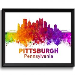 INSTANT DOWNLOAD Pittsburgh Skyline Pennsylvania City Colorful Watercolor Cityscape Poster Print Landscape Art Painting Red Purple Pink