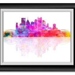 INSTANT DOWNLOAD Pittsburgh Skyline Pennsylvania City Purple Pink Blue Yellow Watercolor Cityscape Poster Print Landscape Art Painting