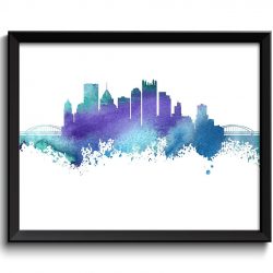 INSTANT DOWNLOAD Pittsburgh Skyline Pennsylvania City Turquoise Blue Teal Purple Watercolor Cityscape Poster Print Landscape Art Painting