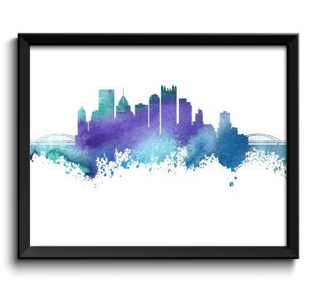 INSTANT DOWNLOAD Pittsburgh Skyline Pennsylvania City Turquoise Blue Teal Purple Watercolor Cityscape Poster Print Landscape Art Painting