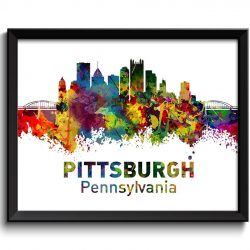 INSTANT DOWNLOAD Pittsburgh Skyline Pennsylvania Colorful Watercolor Cityscape Poster Print Landscape Art Painting Red Blue Green Yellow