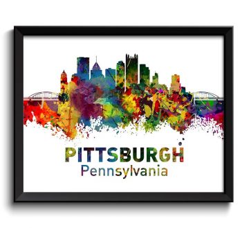 INSTANT DOWNLOAD Pittsburgh Skyline Pennsylvania Colorful Watercolor Cityscape Poster Print Landscape Art Painting Red Blue Green Yellow