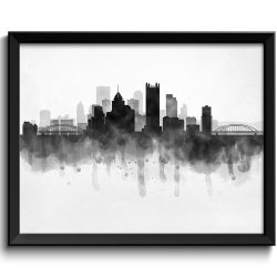 INSTANT DOWNLOAD Pittsburgh Skyline Pennsylvania USA United States Cityscape Art Print Poster Black White Grey Watercolor Painting