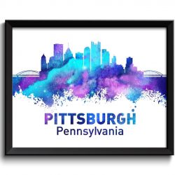 INSTANT DOWNLOAD Pittsburgh Turquoise Blue Purple Skyline Pennsylvania Watercolor Cityscape Poster Print Abstract Landscape Art Painting