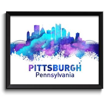 INSTANT DOWNLOAD Pittsburgh Turquoise Blue Purple Skyline Pennsylvania Watercolor Cityscape Poster Print Abstract Landscape Art Painting