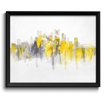 INSTANT DOWNLOAD Pittsburgh Yellow Grey Skyline Pennsylvania USA United States Cityscape Art Print Poster Gray Watercolor Painting