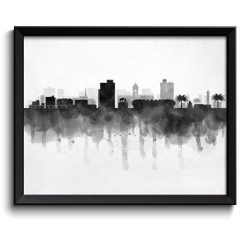 INSTANT DOWNLOAD Port Elizabeth Skyline South Africa Cityscape Art Print Poster Black White Grey Watercolor Painting