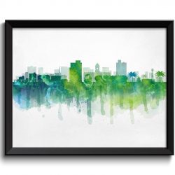 INSTANT DOWNLOAD Port Elizabeth Skyline South Africa Cityscape Art Print Poster Lime Gree Turquoise Blue Watercolor Painting