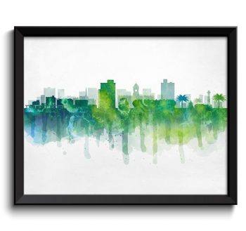 INSTANT DOWNLOAD Port Elizabeth Skyline South Africa Cityscape Art Print Poster Lime Gree Turquoise Blue Watercolor Painting