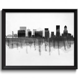 INSTANT DOWNLOAD Portland Black White Grey Skyline Oregon USA United States Cityscape Art Print Poster Watercolor Painting