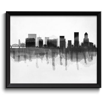 INSTANT DOWNLOAD Portland Black White Grey Skyline Oregon USA United States Cityscape Art Print Poster Watercolor Painting