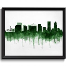 INSTANT DOWNLOAD Portland Dark Emerald Green Skyline Oregon USA United States Cityscape Art Print Poster Watercolor Painting