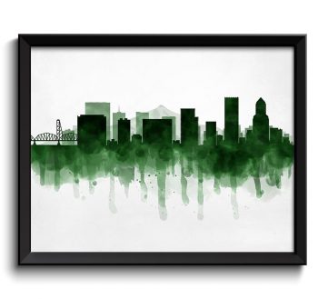 INSTANT DOWNLOAD Portland Dark Emerald Green Skyline Oregon USA United States Cityscape Art Print Poster Watercolor Painting