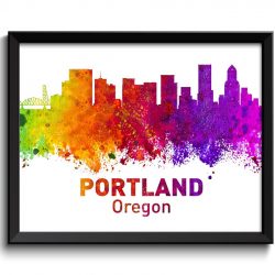 INSTANT DOWNLOAD Portland Skyline Oregon City Colorful Watercolor Cityscape Poster Print Landscape Art Painting Red Purple Pink Yellow Green