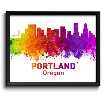 INSTANT DOWNLOAD Portland Skyline Oregon City Colorful Watercolor Cityscape Poster Print Landscape Art Painting Red Purple Pink Yellow Green