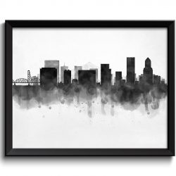 INSTANT DOWNLOAD Portland Skyline Oregon USA United States Cityscape Art Print Poster Black White Grey Watercolor Painting