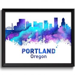 INSTANT DOWNLOAD Portland Skyline Purple Turquoise Royal Blue Oregon City Watercolor Cityscape Poster Print Abstract Landscape Art Painting