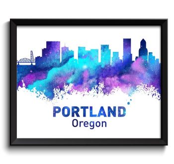 INSTANT DOWNLOAD Portland Skyline Purple Turquoise Royal Blue Oregon City Watercolor Cityscape Poster Print Abstract Landscape Art Painting