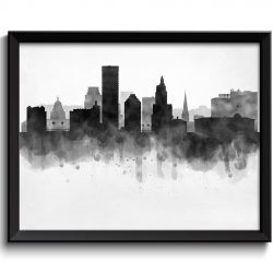 INSTANT DOWNLOAD Providence Skyline Rhode Island USA United States Cityscape Art Print Poster Black White Grey Watercolor Painting