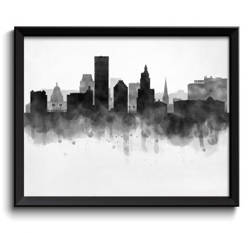 INSTANT DOWNLOAD Providence Skyline Rhode Island USA United States Cityscape Art Print Poster Black White Grey Watercolor Painting