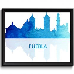 INSTANT DOWNLOAD Puebla Skyline City Navy Sky Blue Watercolor Painting Cityscape Poster Print Mexico South America Modern Landscape Art