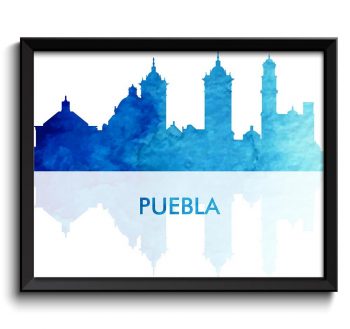 INSTANT DOWNLOAD Puebla Skyline City Navy Sky Blue Watercolor Painting Cityscape Poster Print Mexico South America Modern Landscape Art