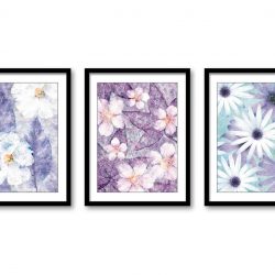 INSTANT DOWNLOAD Purple White Daisy Flower Leaf Botanical White Bathroom Set of 3 Brown Elegant Watercolor Painting Wall Decor Bedroom