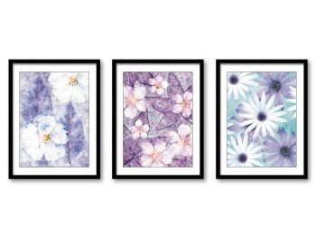 INSTANT DOWNLOAD Purple White Daisy Flower Leaf Botanical White Bathroom Set of 3 Brown Elegant Watercolor Painting Wall Decor Bedroom