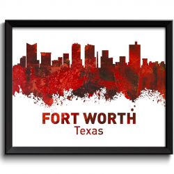 INSTANT DOWNLOAD Red Black Fort Worth Skyline Texas City Watercolor Cityscape Poster Print Landscape Art Painting Home Decor Wall Art