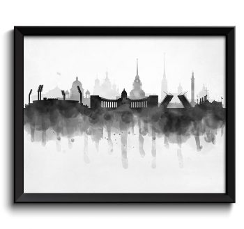 INSTANT DOWNLOAD Saint Petersburg Skyline Russia Cityscape Art Print Poster Black White Grey Watercolor Painting Landscape Decor Wall Art