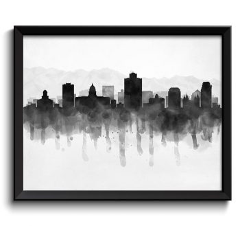 INSTANT DOWNLOAD Salt Lake City Skyline Utah USA United States Cityscape Art Print Poster Black White Grey Watercolor Painting